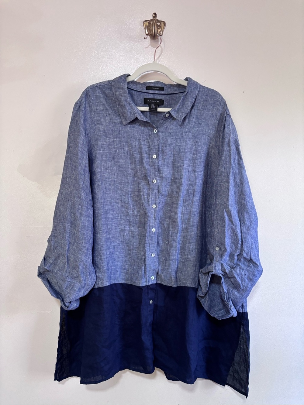 Tahari Two-Tone Blue Linen Button-Down Shirt Dress Lagenlook Oversized 3X